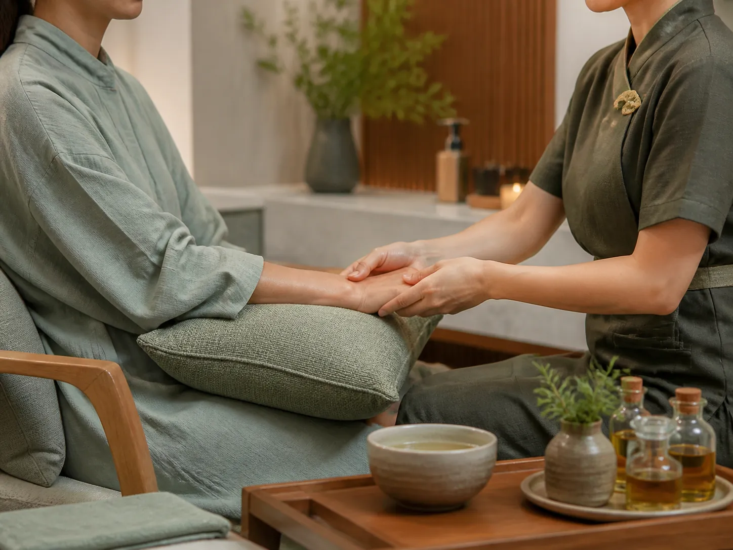 Illustrative preview of an aromatherapy hand and forearm treatment with botanical oils