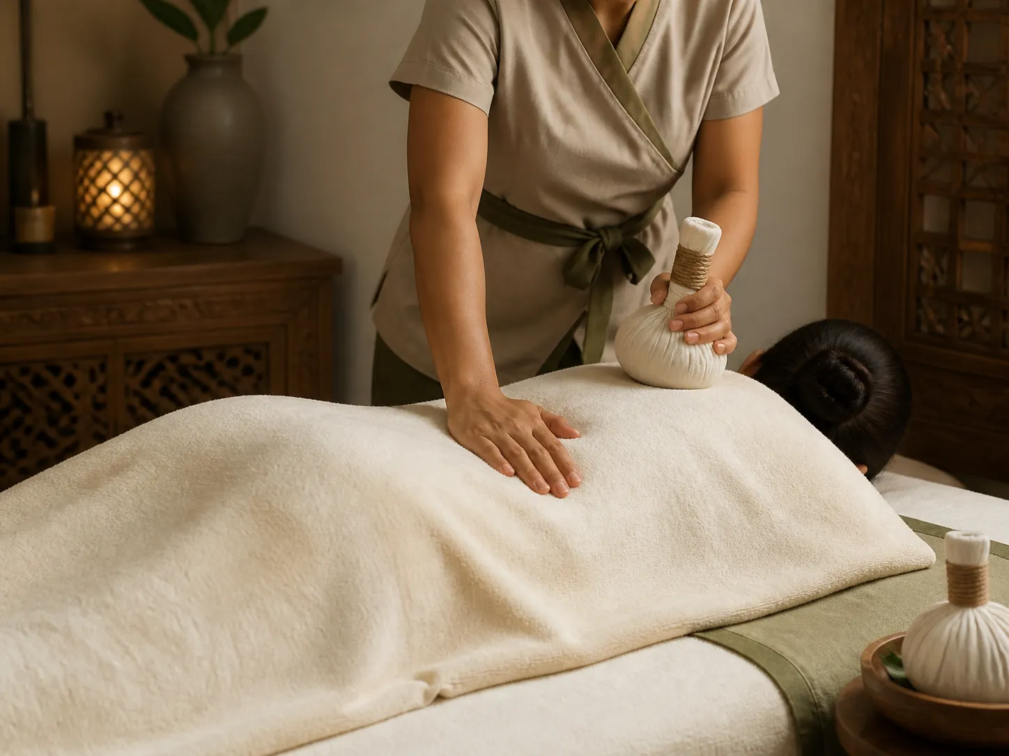 Illustrative preview of Balinese palm pressure with a warm herbal compress