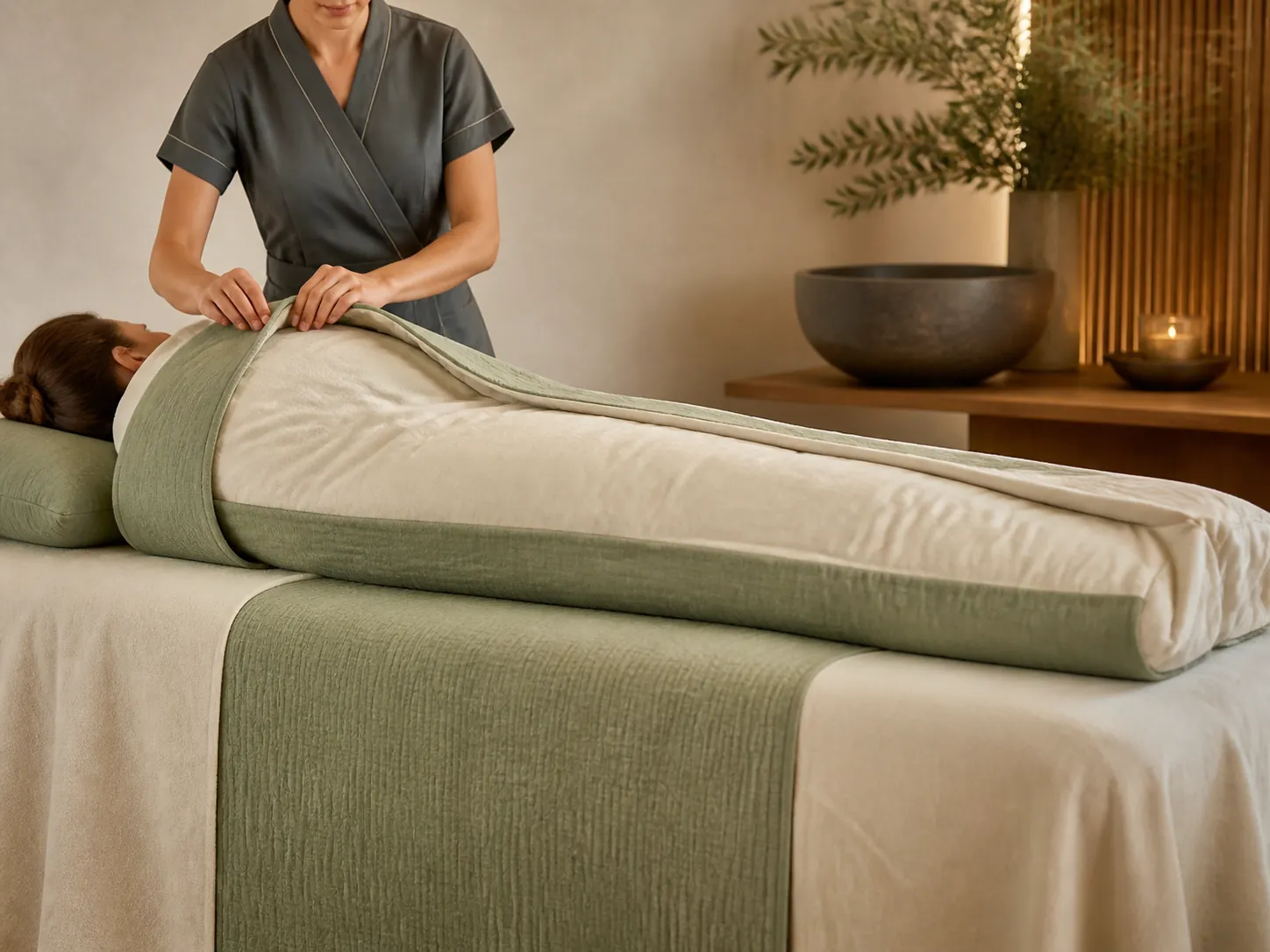 Illustrative preview of an adult guest receiving a fully covered body wrap treatment