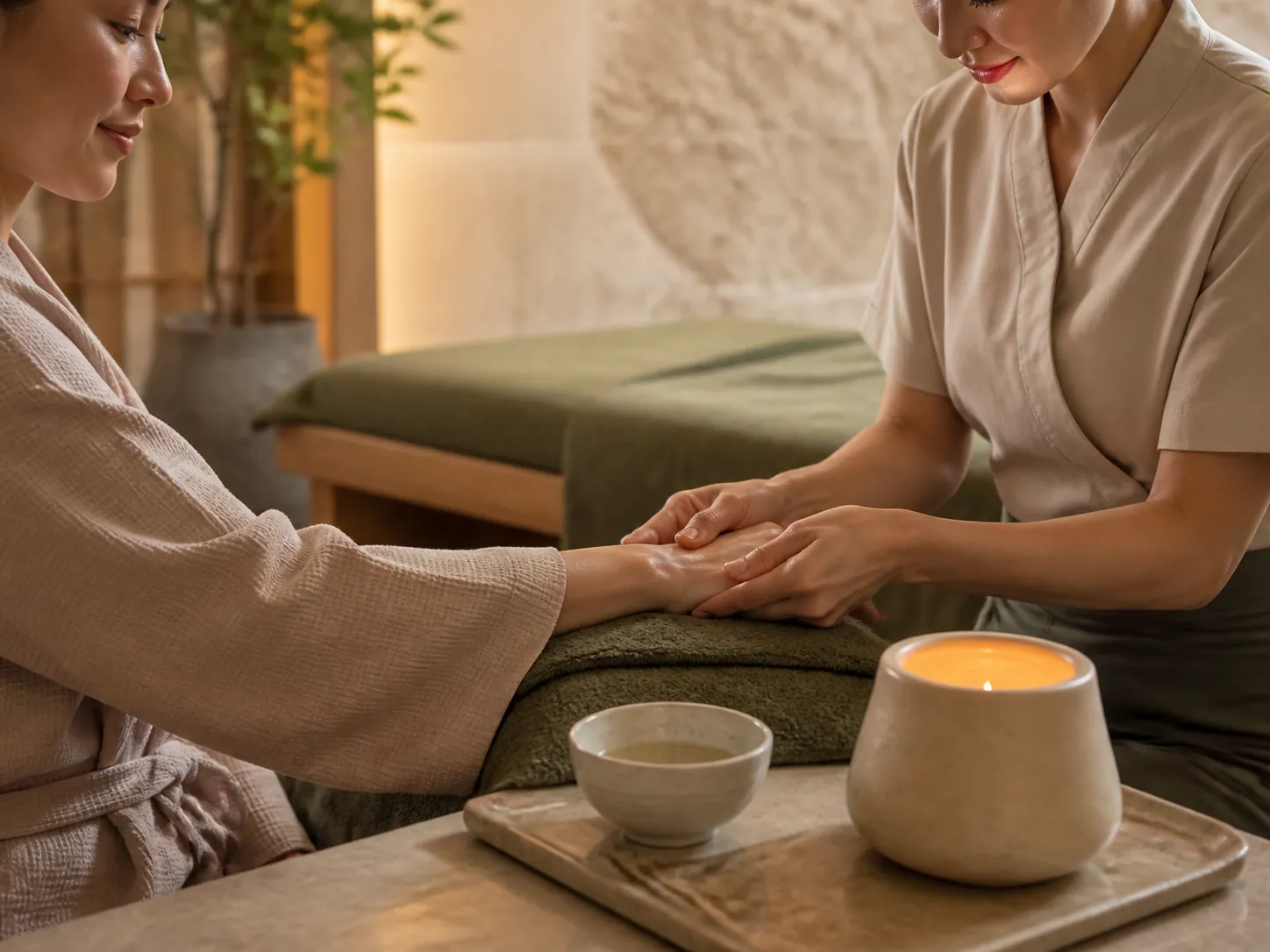 Illustrative preview of a warm massage candle hand treatment for an adult guest