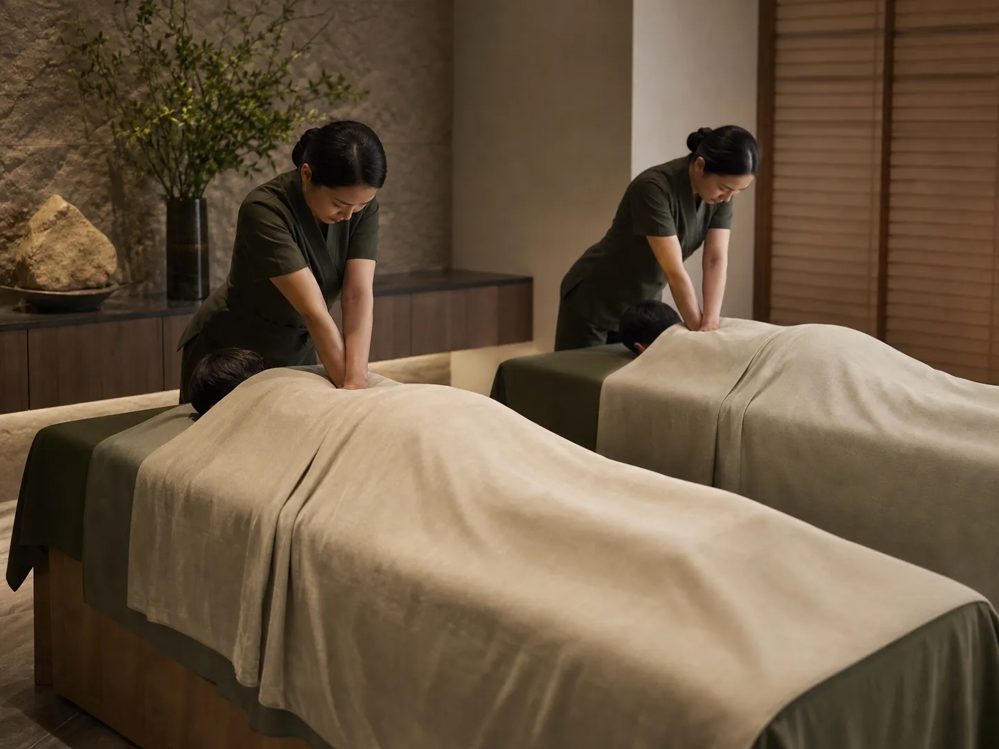 Illustrative preview of two adult guests receiving synchronized firm-pressure treatments