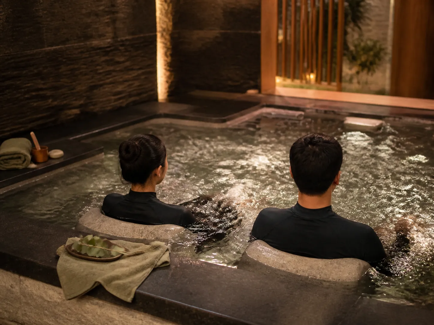 Illustrative preview of two adults in distinct hydrotherapy jacuzzi seats