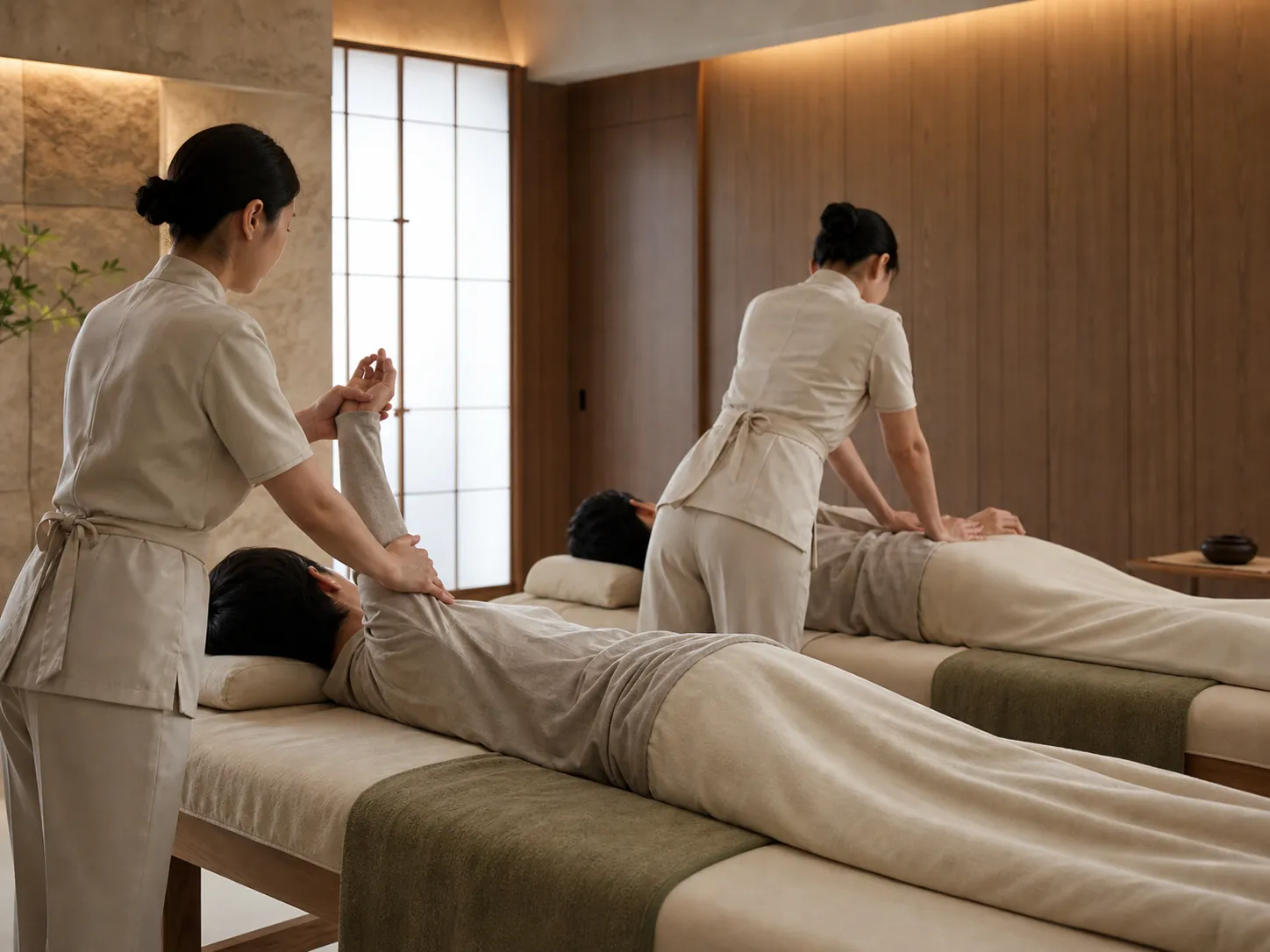 Illustrative preview of two adult guests receiving complementary Nunchi Signature techniques