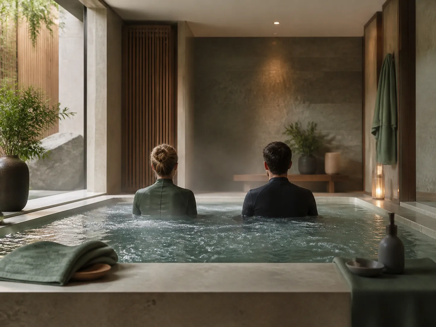 Illustrative preview of two adult guests using a private hydrotherapy jacuzzi
