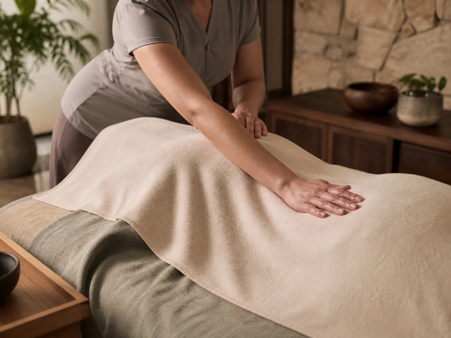 Illustrative preview of a flowing Lomi Lomi forearm stroke over a fully covered adult guest