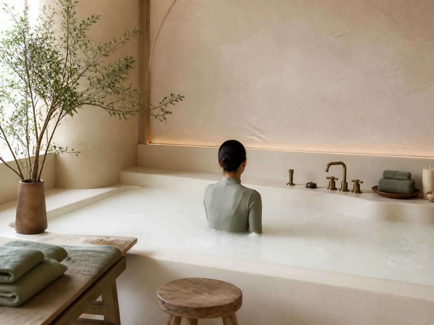 Illustrative preview of an adult guest relaxing in a milk-toned hydrotherapy jacuzzi