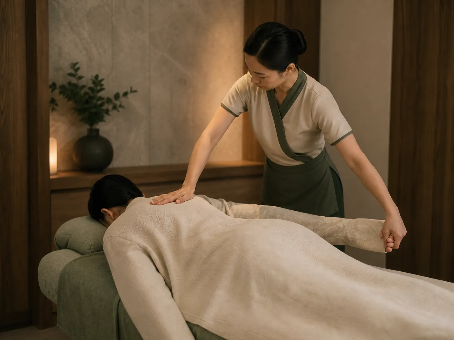 Illustrative preview of the Nunchi Signature combining flowing pressure and an assisted arm stretch