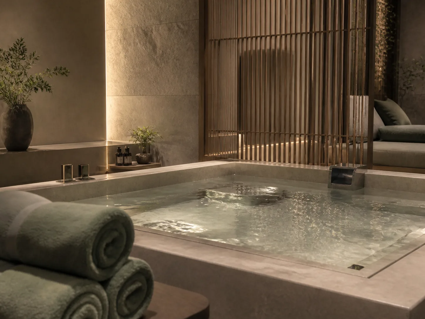 Illustrative preview of a private jacuzzi wellness suite with warm water and folded towels